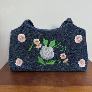 Vtg Blue Floral Hand Beaded Purse Handbag Fairy Whimsygoth Boho 90s 2000s Y2K